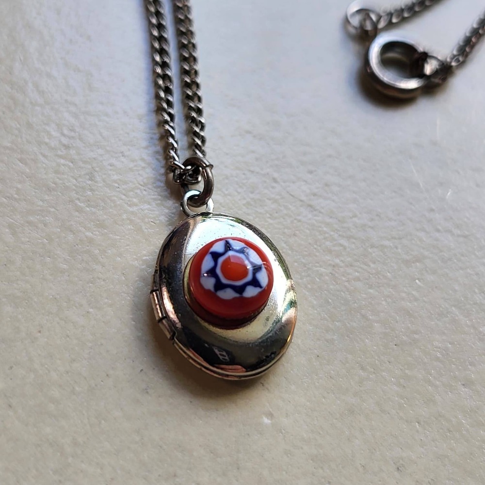 Vintage Millefiori Glass Locket Necklace Silver Tone Red White Blue Small